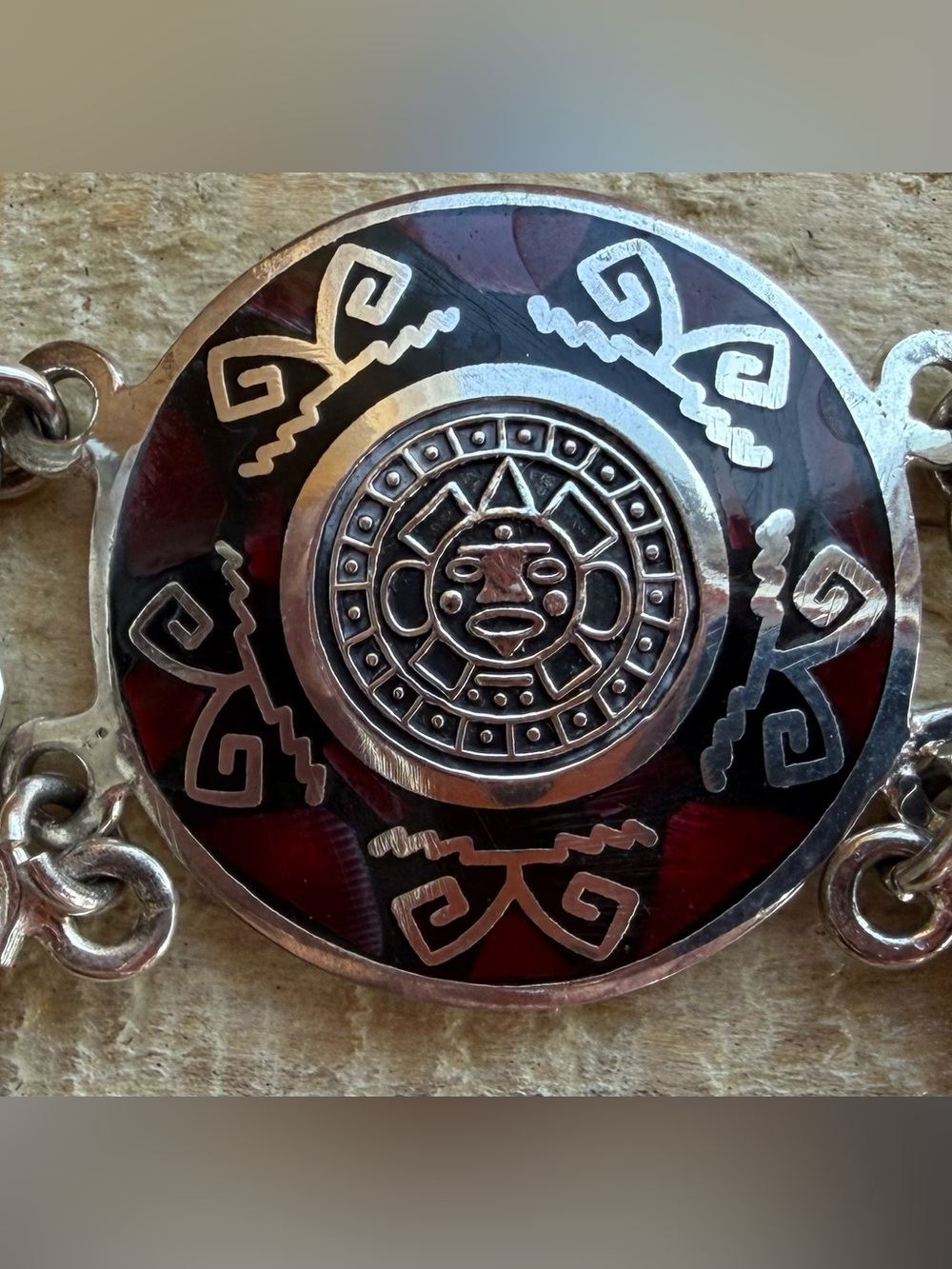 925 Silver Red Enamel Aztec Medallion Bracelet - Picture 6 of 7